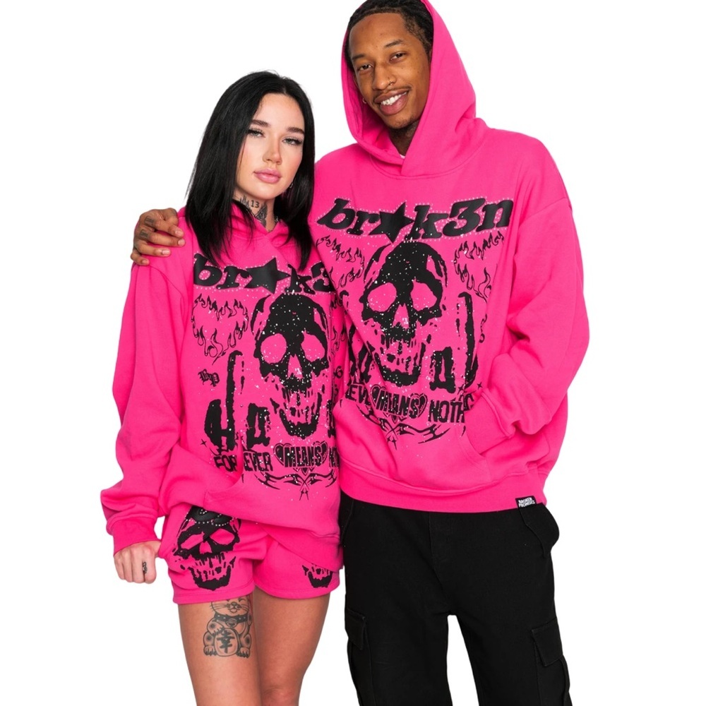 Broken Promises Faceless Pink Rhinestone Skull Hoodie Unisex NWOT Size S